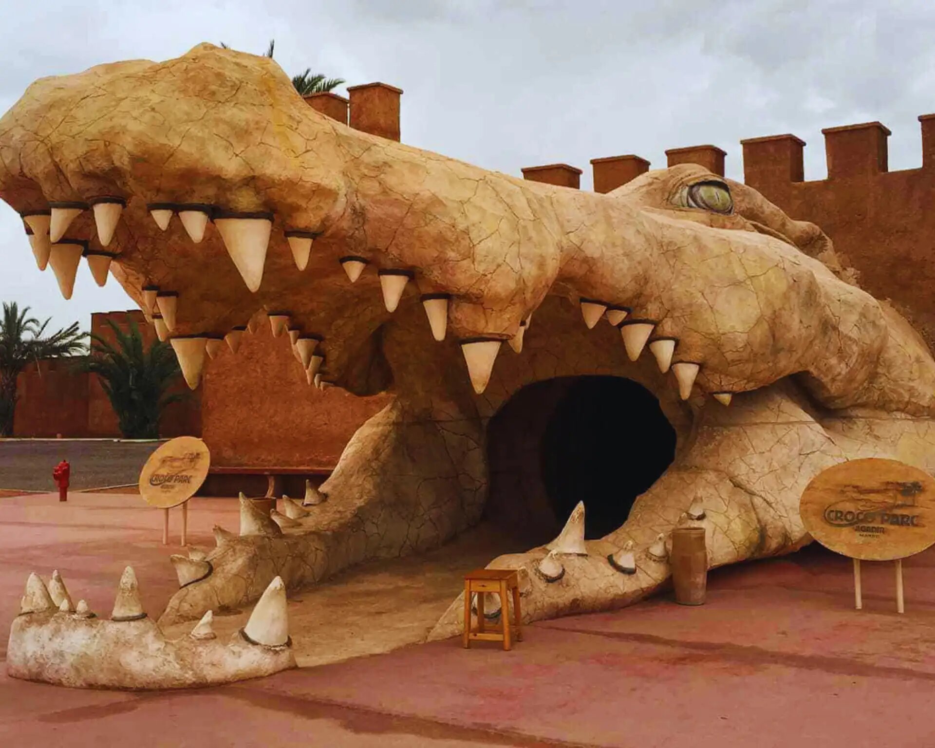 Giant crocodile-head entrance at Crocoparc Agadir