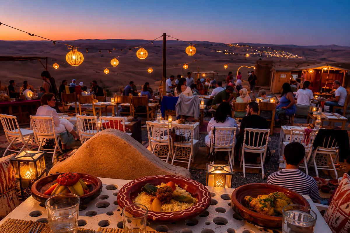 Moroccan tagine and couscous dinner under lanterns at dusk in the Agafay camp