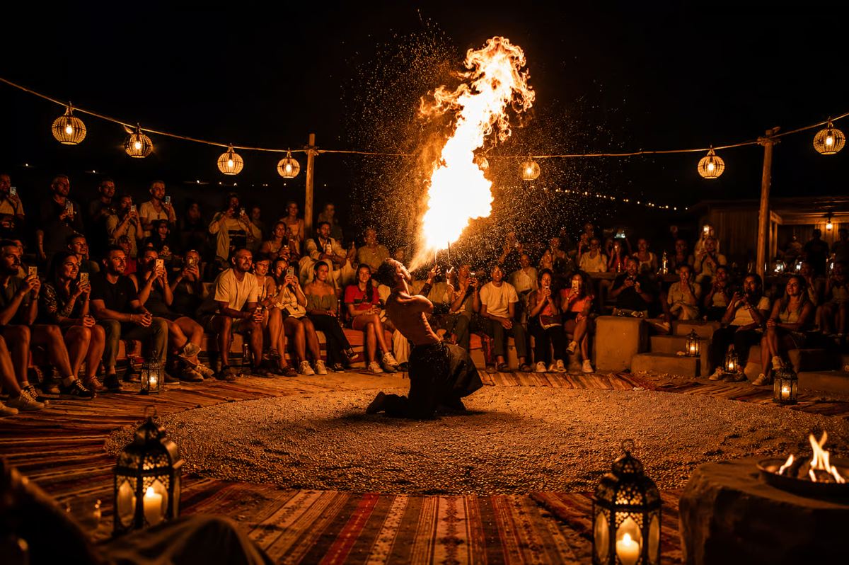 Fire breather performing for guests at the Agafay camp at night
