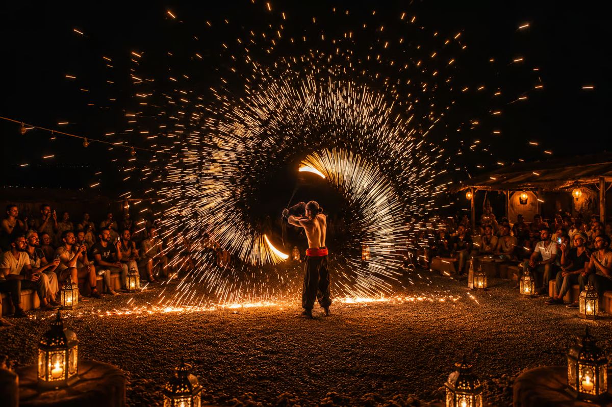 Fire spinner showering sparks during the night show in the desert