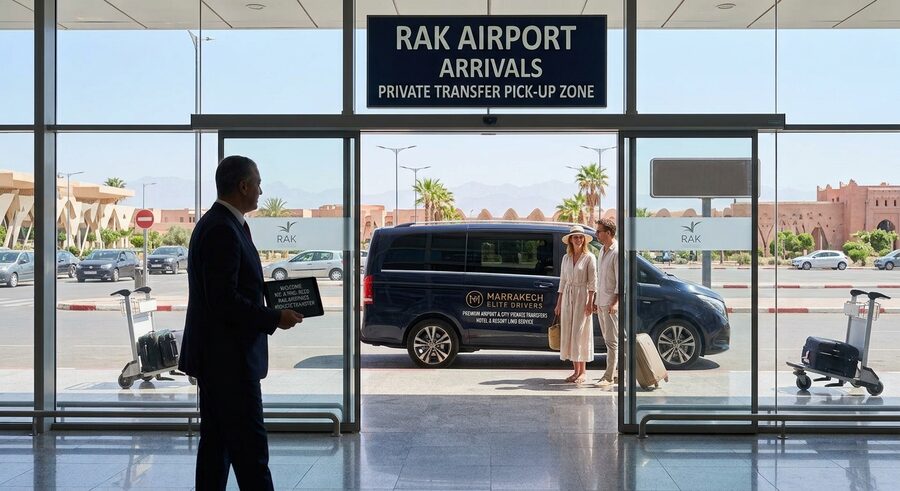 Driver waiting with a name sign at the Marrakech airport arrivals pick-up zone