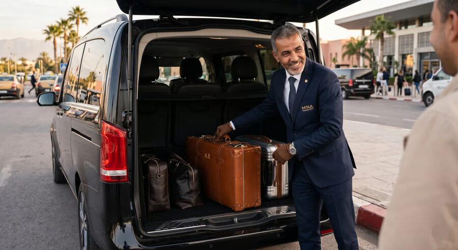Driver loading travelers' luggage into a private van at the airport