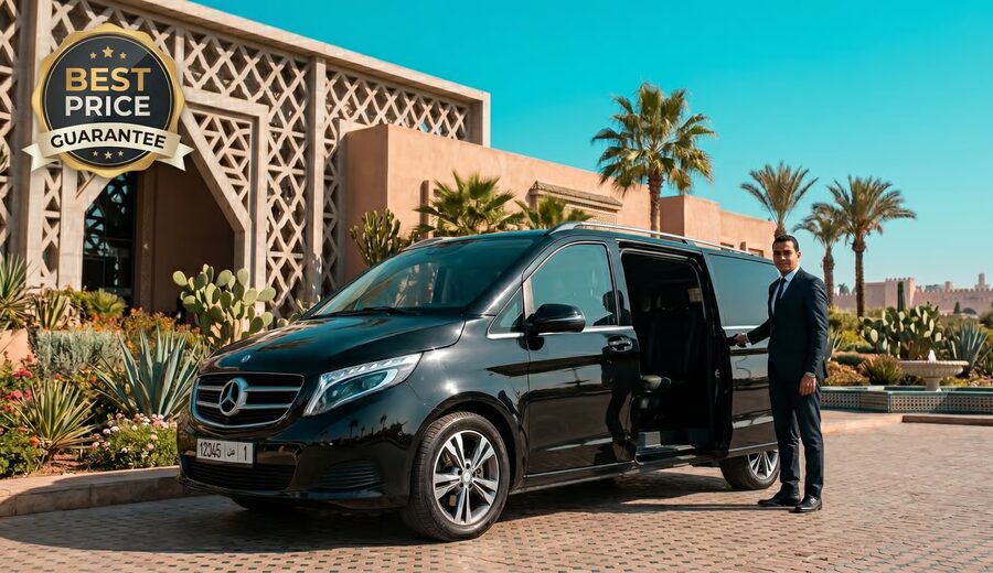 Driver holding the door of a black Mercedes van for an airport transfer
