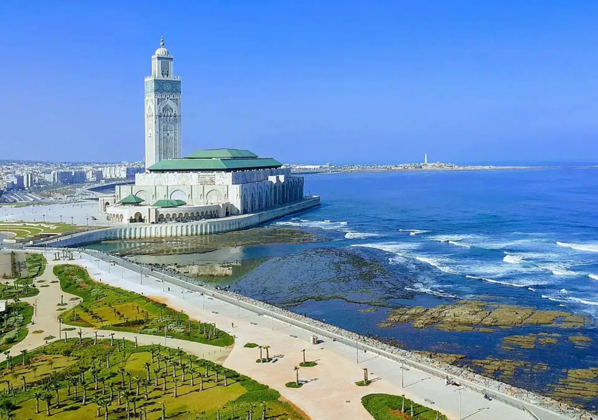 Aerial view of the Hassan II Mosque on the ocean front and the Casablanca coastline