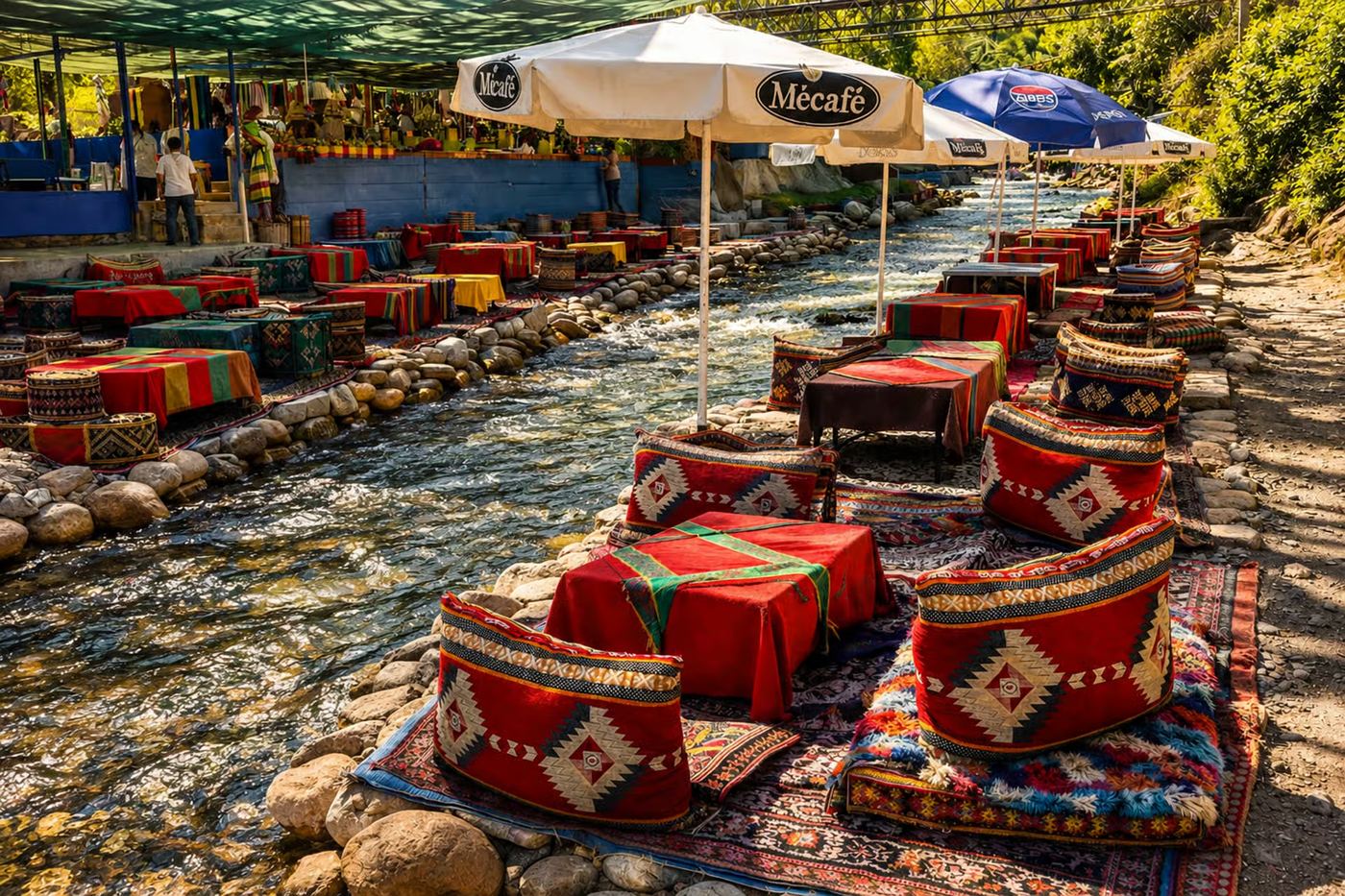 Low tables with Berber cushions and rugs set up beside the Ourika River for lunch