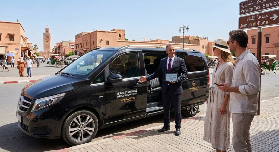 Driver welcoming travelers into a private van in Marrakech