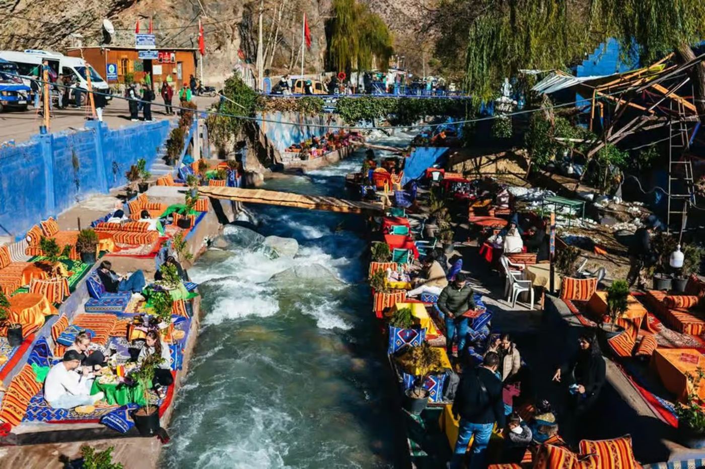 The Ourika River rushing between terraced restaurants in Setti Fatma village